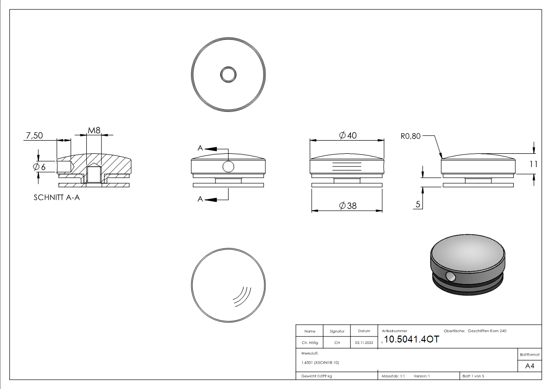 Glaspunkthalter-Oberteil Ø 40 mm- V2A-10-5041.4OT