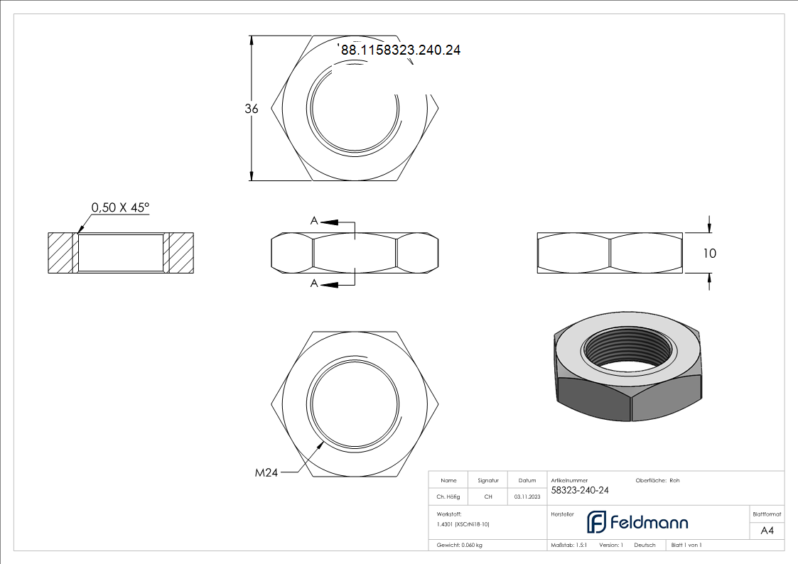 Sechskantmutter V2A Edelstahl M24 flache Form DIN 936-88-1158323-240.24