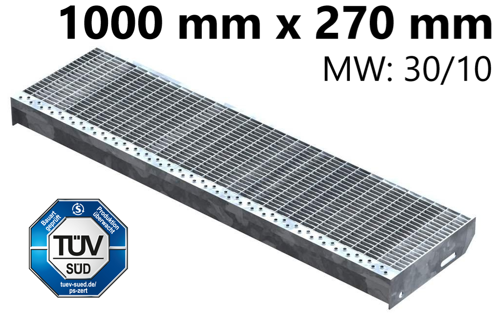 Gitterroststufe Treppenstufe Masse- 1000x270 mm 30-10 mm S235JR -St37-2- im Vollbad feuerverzinkt-40-1002731.7