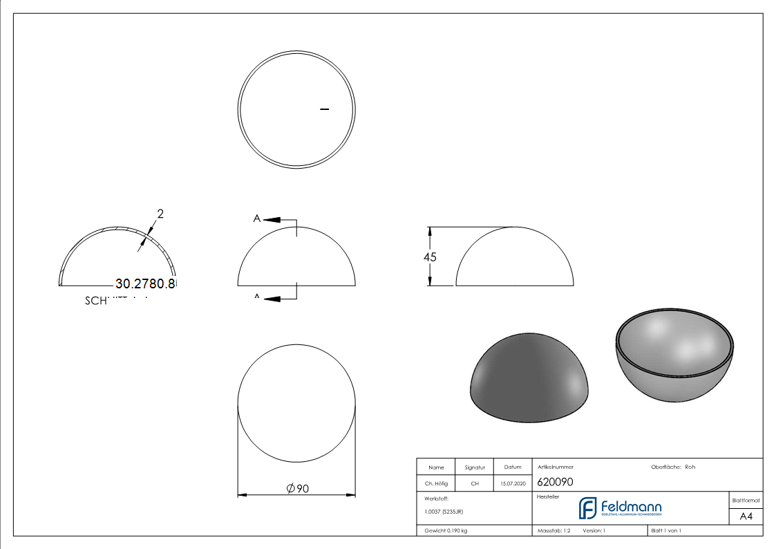 Halbhohlkugel Ø 90 mm - glatt - Stahl S235JR- roh-30-2780.8