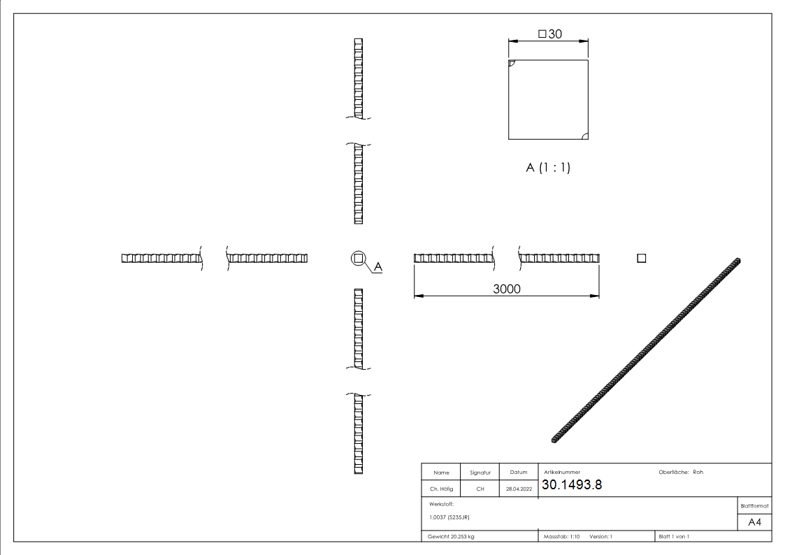 Vierkant gehaemmert - Material- 30x30 mm - Laenge- 3000 mm - Stahl -Roh- S235JR-30-1493.8