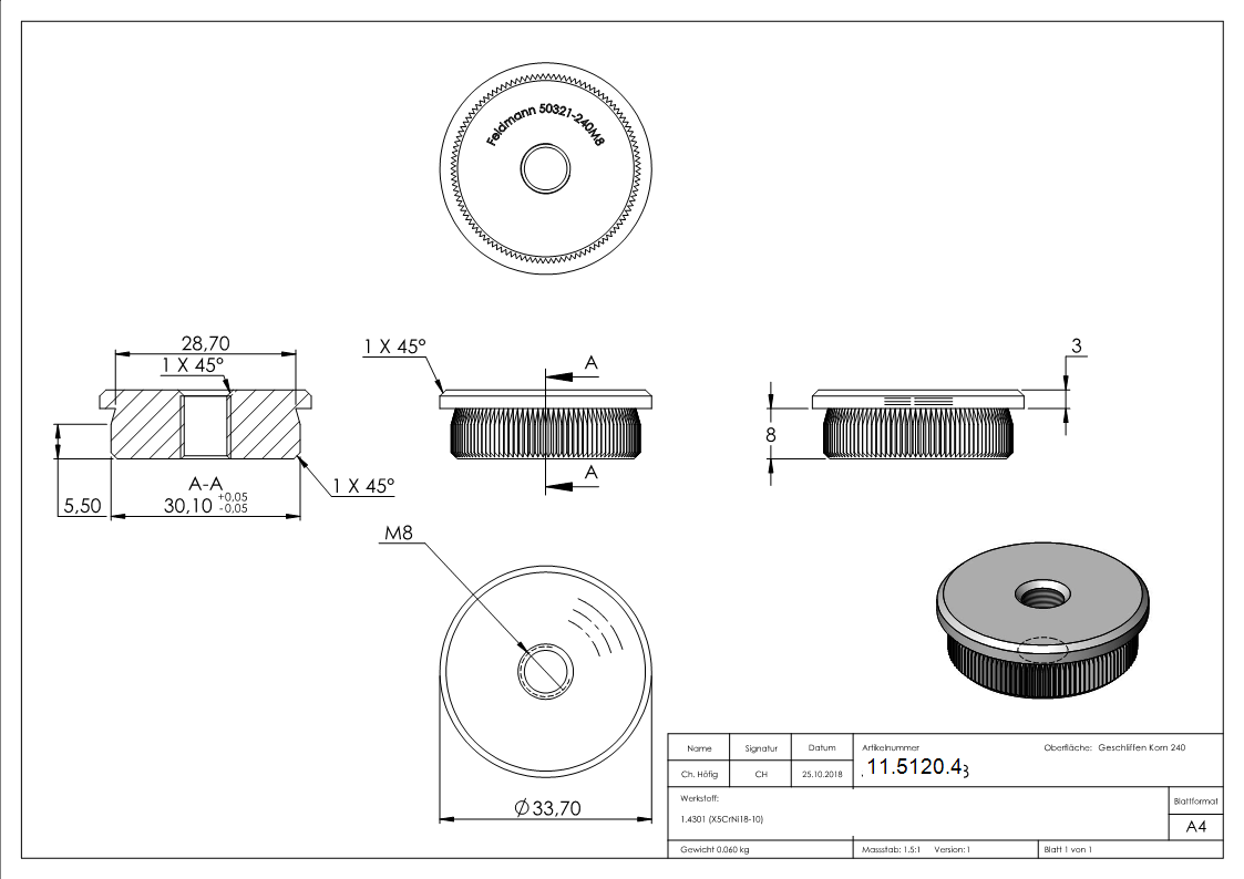 Rohrstopfen fuer Ø 33-7x2-0 mm flach zum Einschlagen mit M8 V2A-11-5120.4
