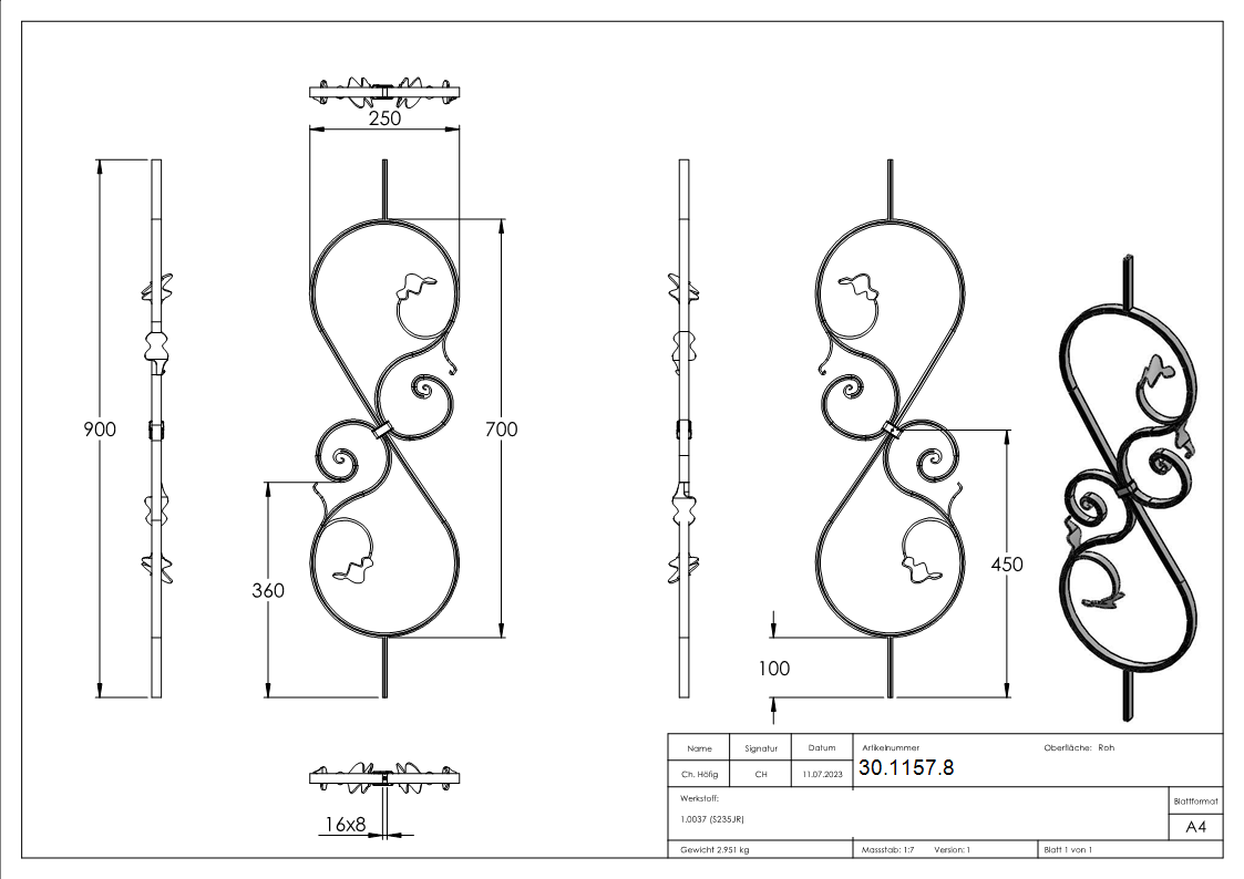 Zierstab - Laenge- 900 mm - Material- 16x8 mm gerillt - Stahl S235JR- roh-30-1157.8