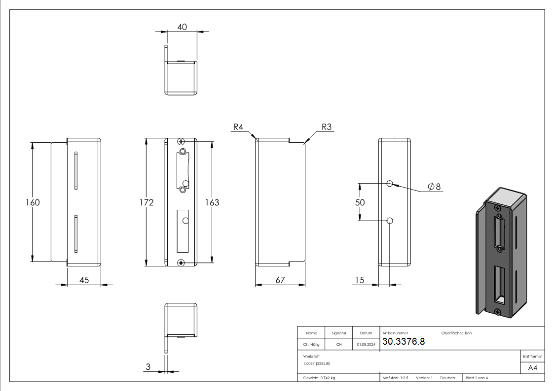 Gegenkasten - Masse- 40x45x172 mm - Stahl -Roh- S235JR-30-3376.8
