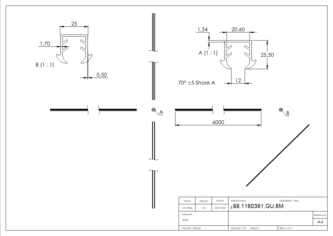 Keildichtung EPDM fuer Glas 11-52–13-52 mm Nut 24x24 mm L = 6 m-88-1160361-GU.6M