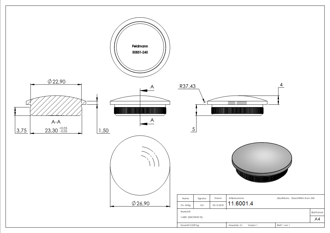 Einsteckkappe V2A Edelstahl fuer Rohr Ø 26-9 mm- Wandstaerke 2-0 mm- gewoelbt- massiv-11-6001.4