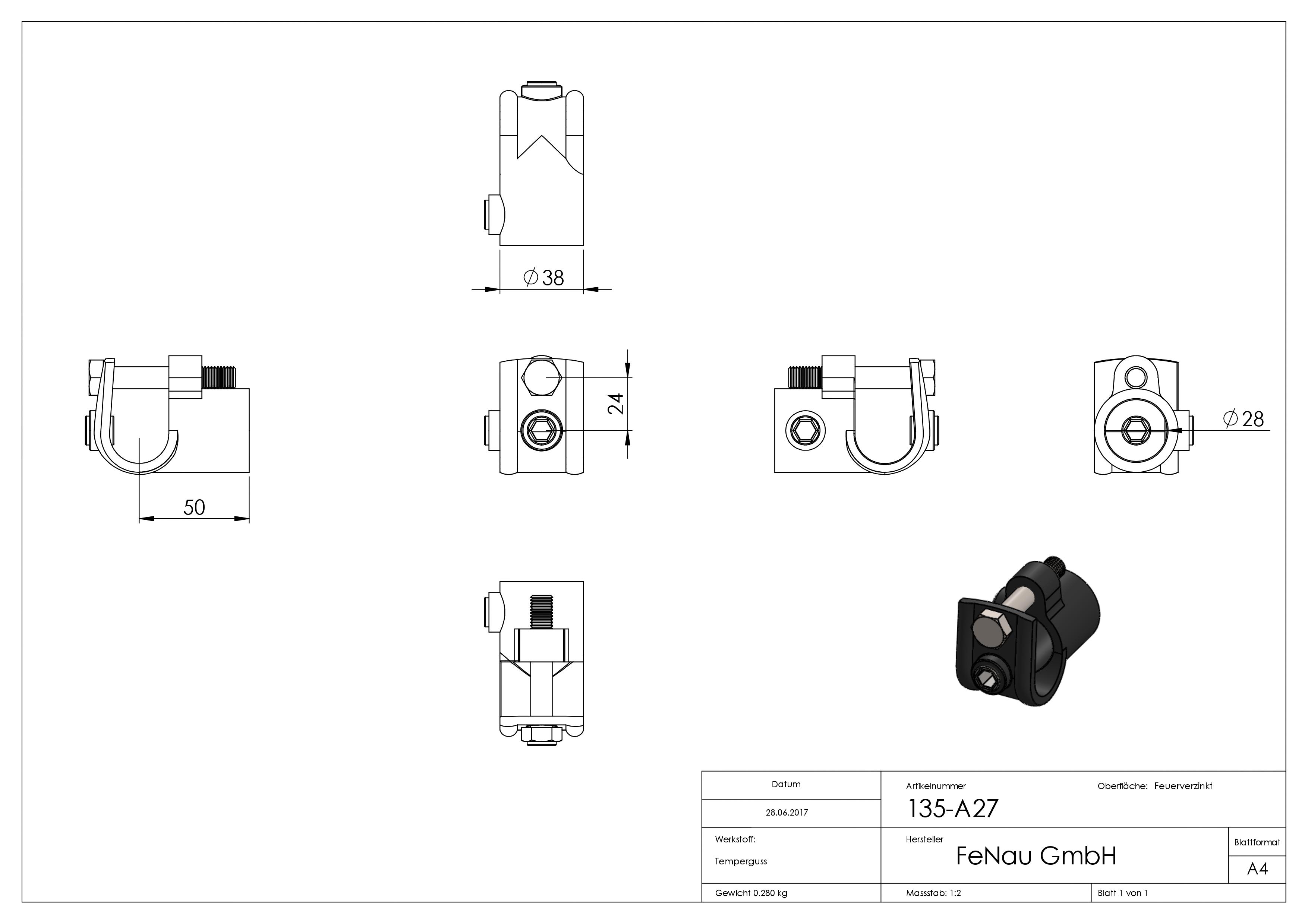 Rohrverbinder - T-Stueck offen - 135A27 - 26-9 mm - 3-4- - Feuerverzinkt u. Elektrogalvanisiert-135A27