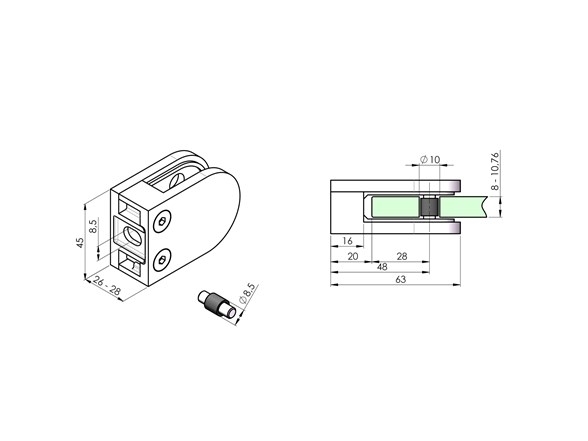 Glashalter Edelstahl V2A geschliffen fuer Flachanschluss- Glas 8-10-76 mm-18-2200-A.4