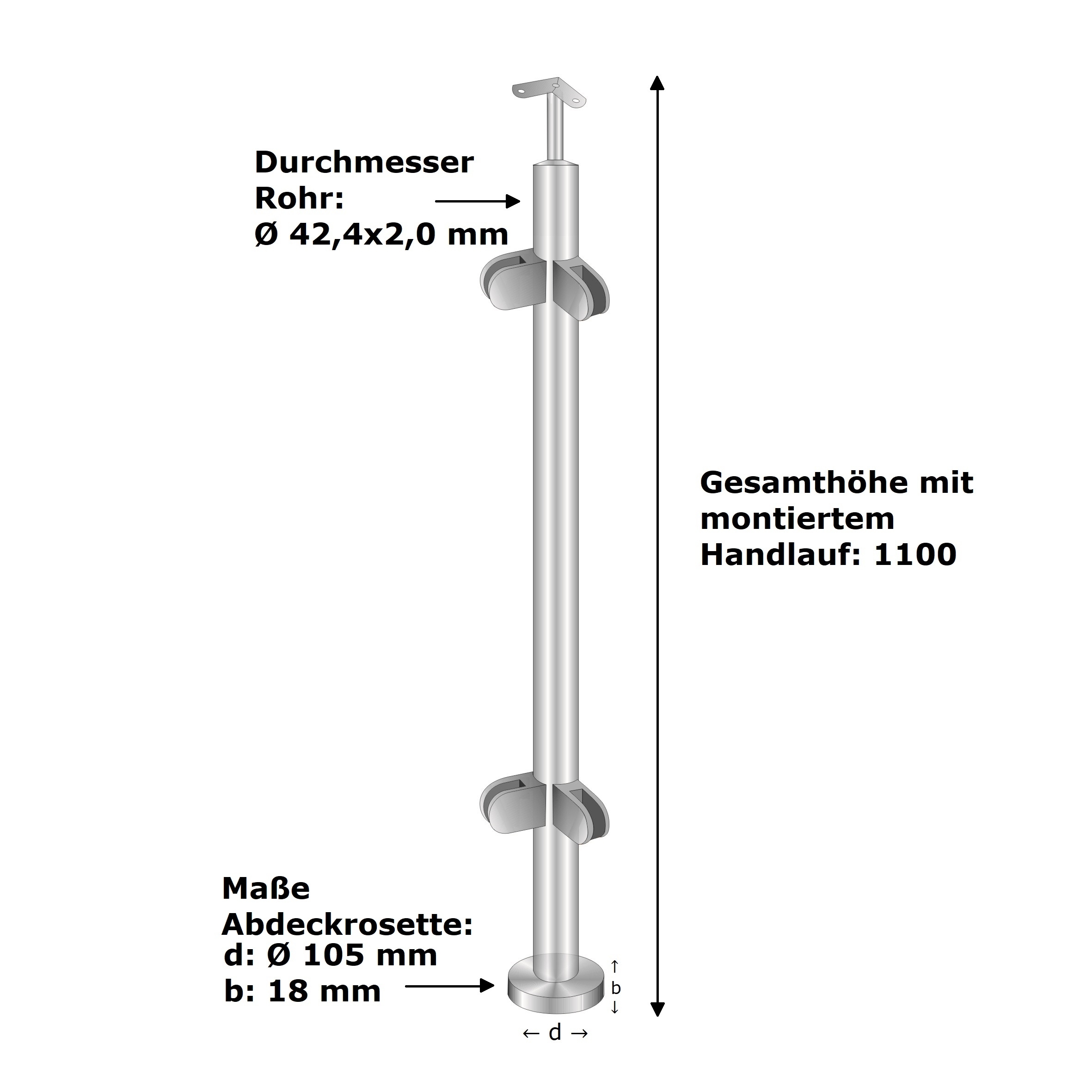 Eckpfosten V2A D42-4x2 1100 mm Oberverankerung geschliffen fuer Glas-14-0035RG-A.4