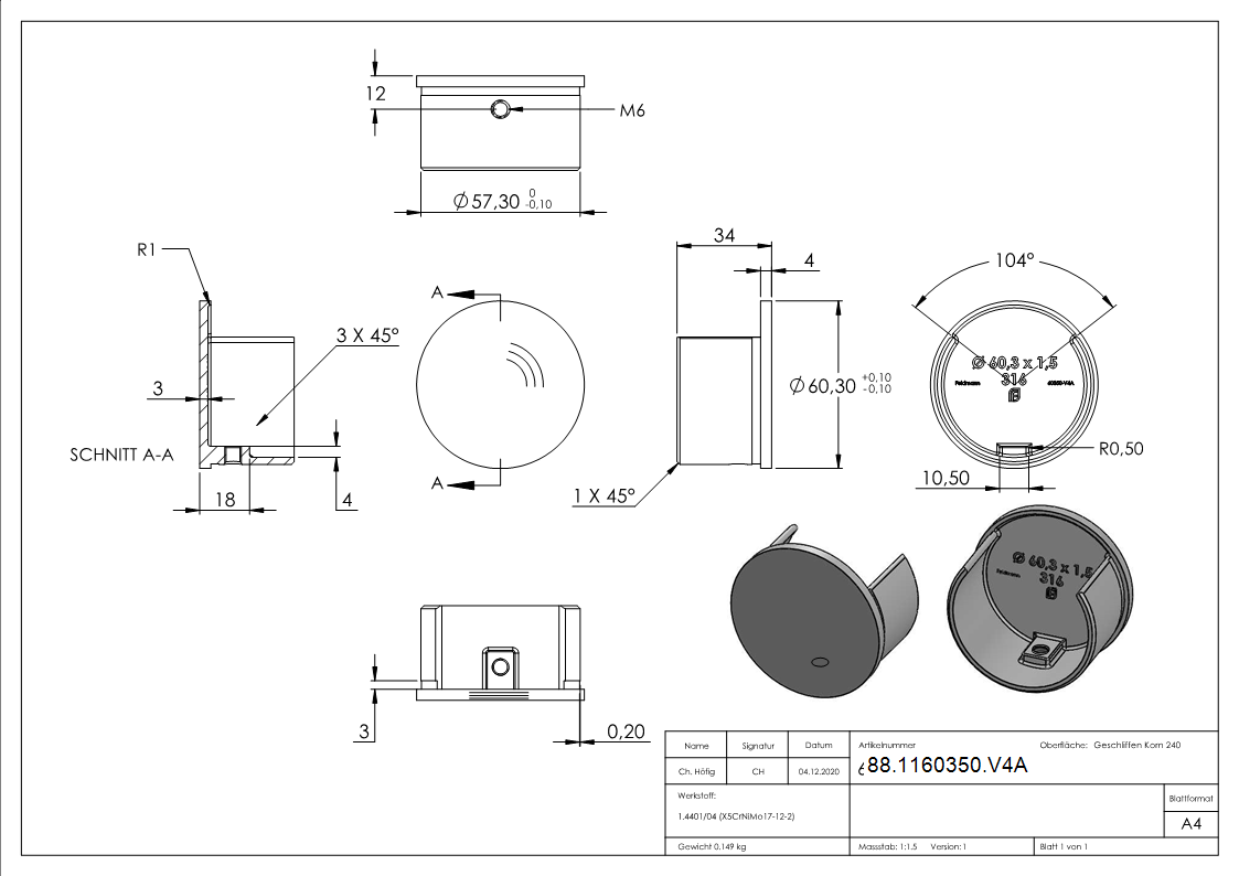 Endkappe fuer Nutrohr 60-3 x 1-5mm- V4A-88-1160350.V4A