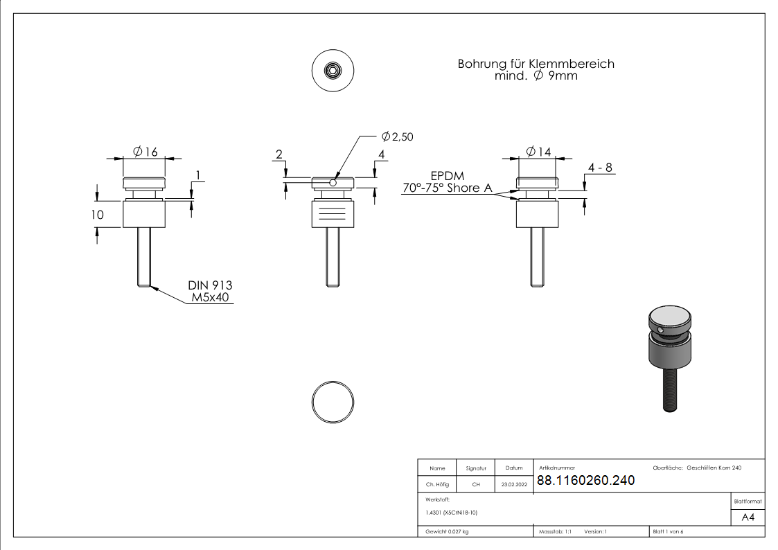 Glaspunkthalter Ø 16 mm- V2A- Anschluss- Flach- inkl- Gewindestift -Schilderhalter-88-1160260.240