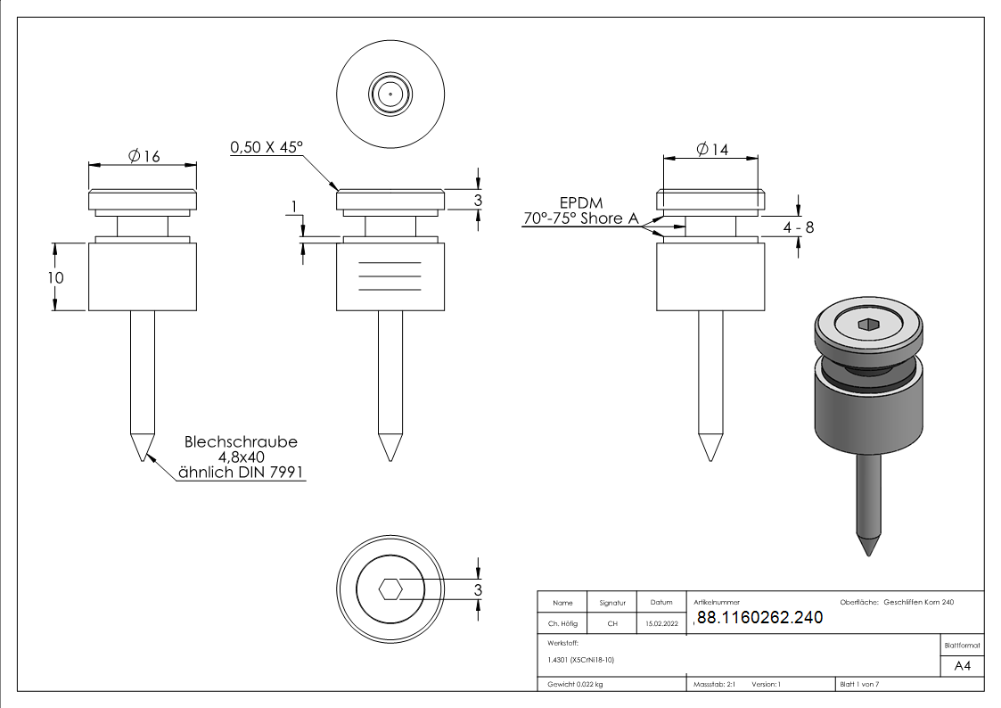 Glaspunkthalter Ø 16 mm- V2A- Anschluss- Flach- inkl- Holzschraube -Schilderhalter-88-1160262.240