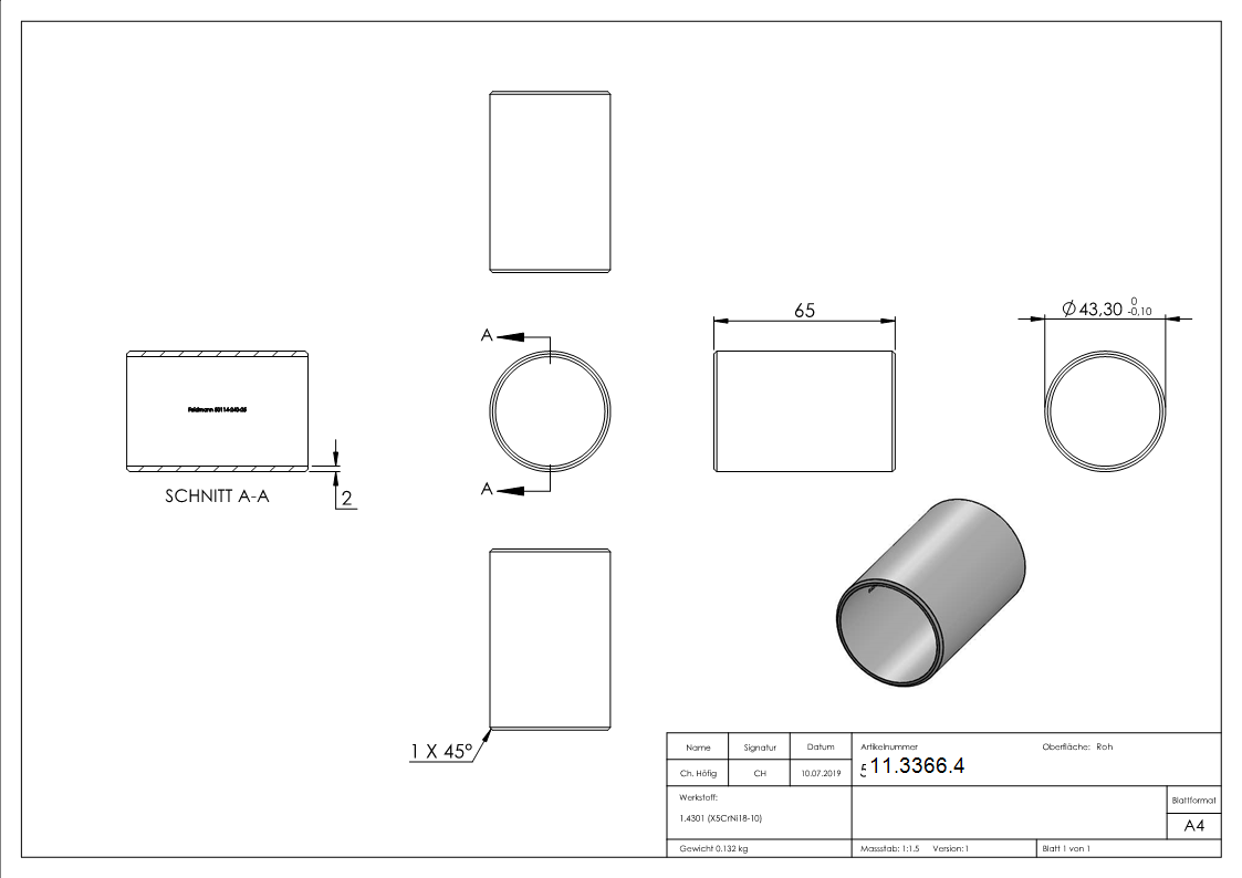 Steckverbinder V2A fuer Rohr 48-3x2-5 mm L 65 mm ohne Mittelsteg-11-3366.4