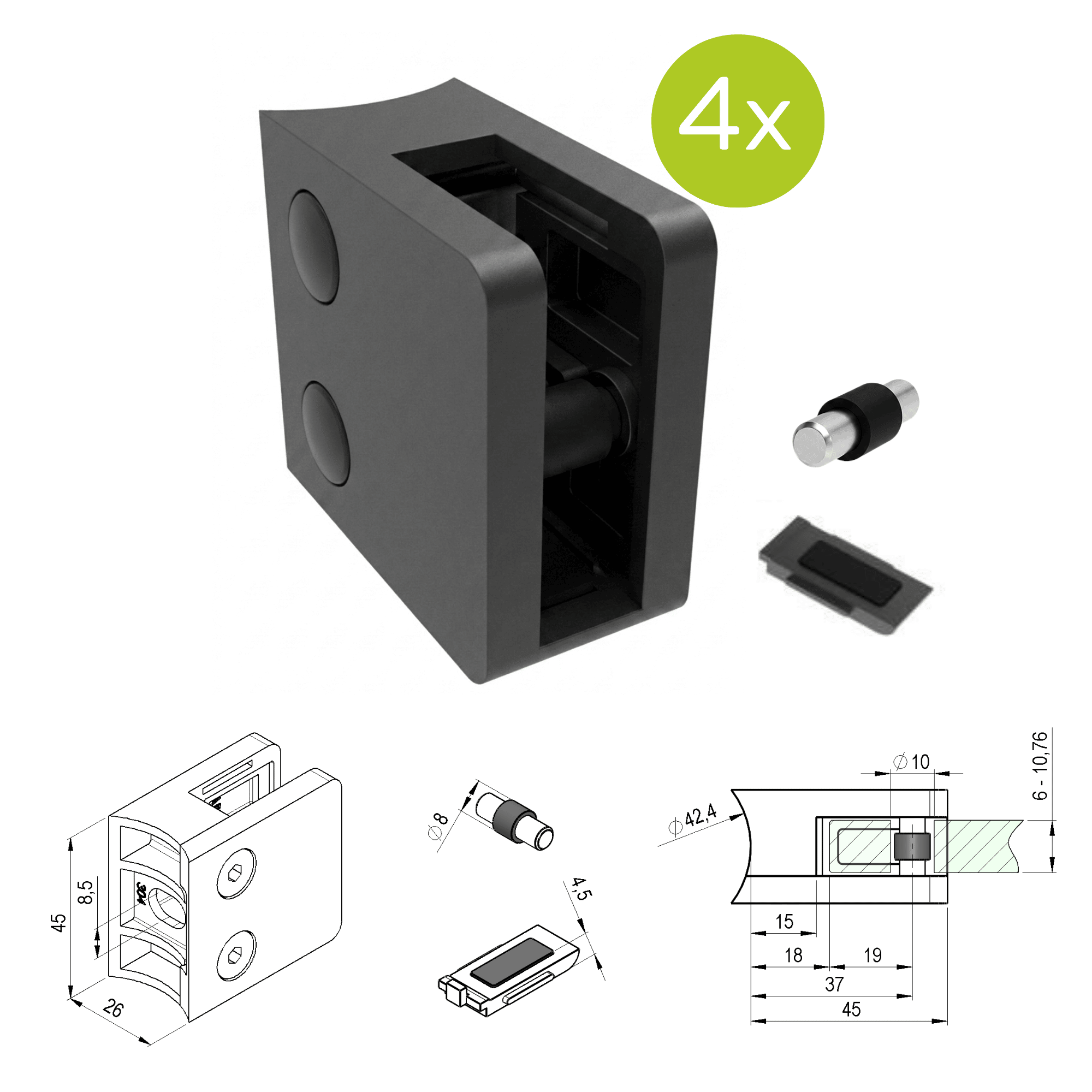 Glasklemme V2A fuer Rohr Ø 42-4 mm schwarz pulverbeschichtet 4er Set-89.ABLACK230P042SET4