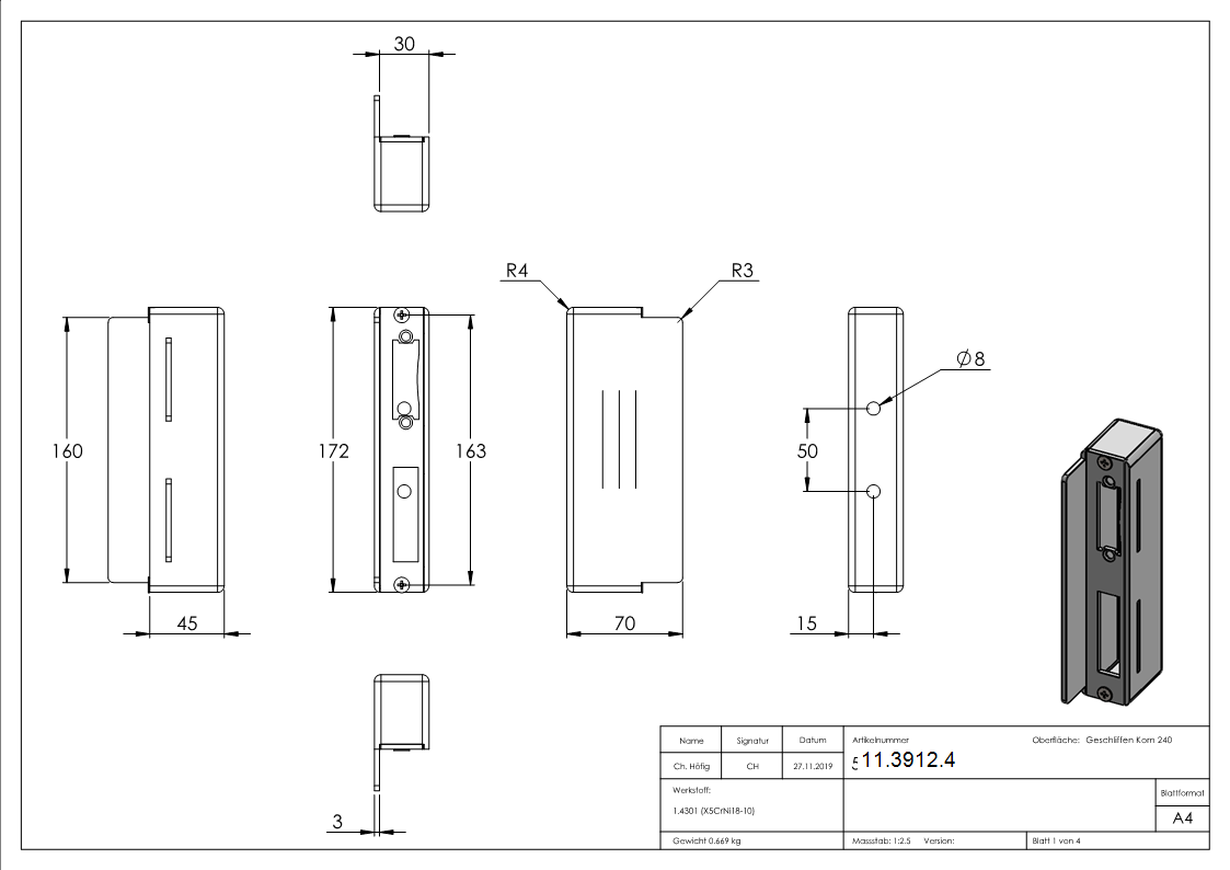 Gegenkasten fuer Schlosskaesten 30 mm V2A-11-3912.4