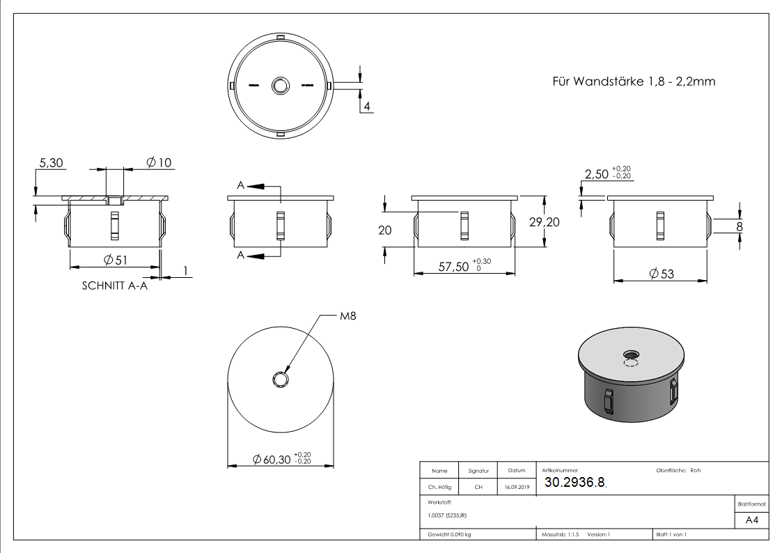 Stahlstopfen flach - mit M8 - fuer Rundrohr Ø 60-3x1-8-2-2 mm - Stahl S235JR- roh-30-2936.8