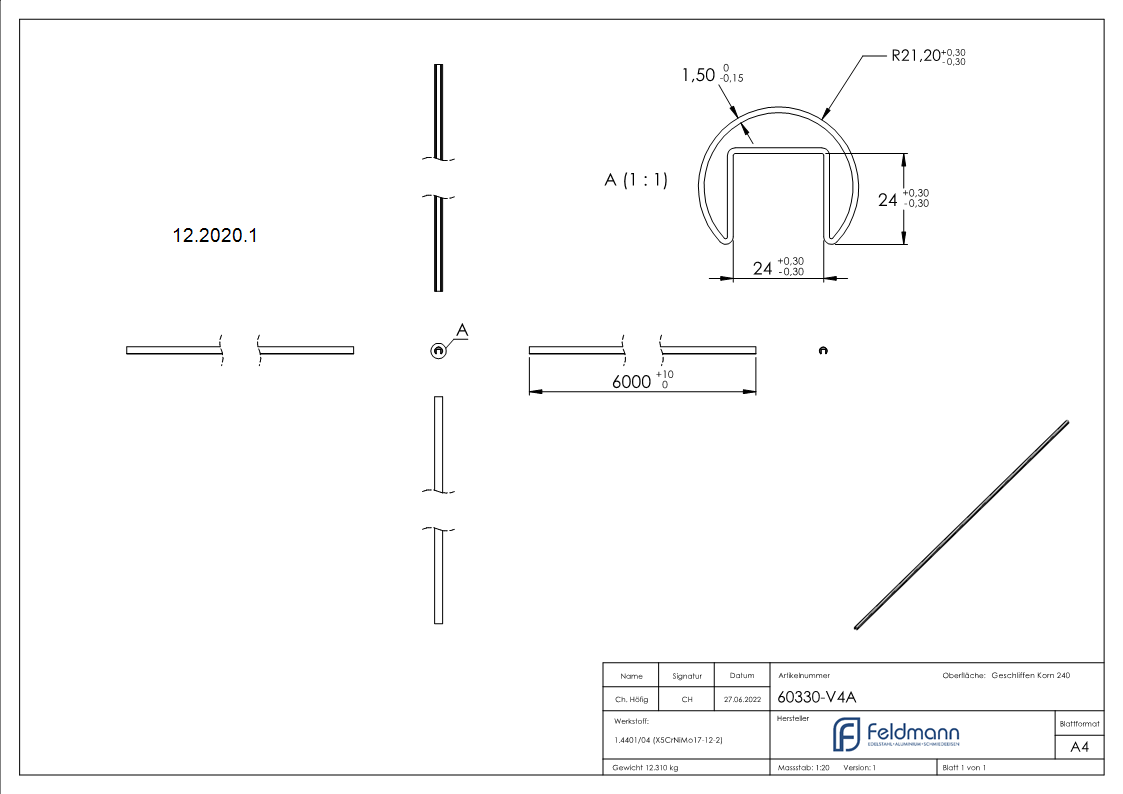 Nutrohr Masse- Ø 42-4x1-5 mm mit Nut- 24x24 mm Laenge- 6000 mm V4A Edelstahl-12-2020.1