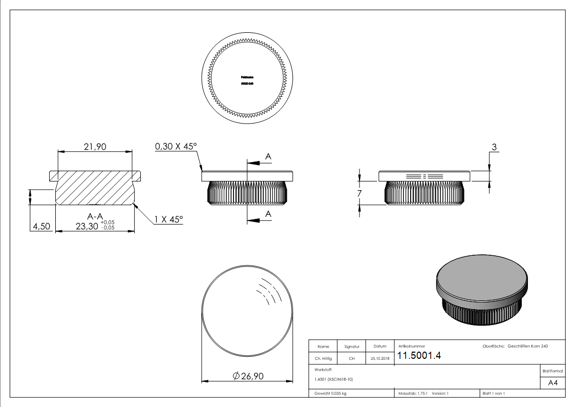 Rohrabschlussstopfen V2A fuer Rohr Ø 26-9 mm- Wand 2-0 mm- flach- zum Einschlagen-11-5001.4