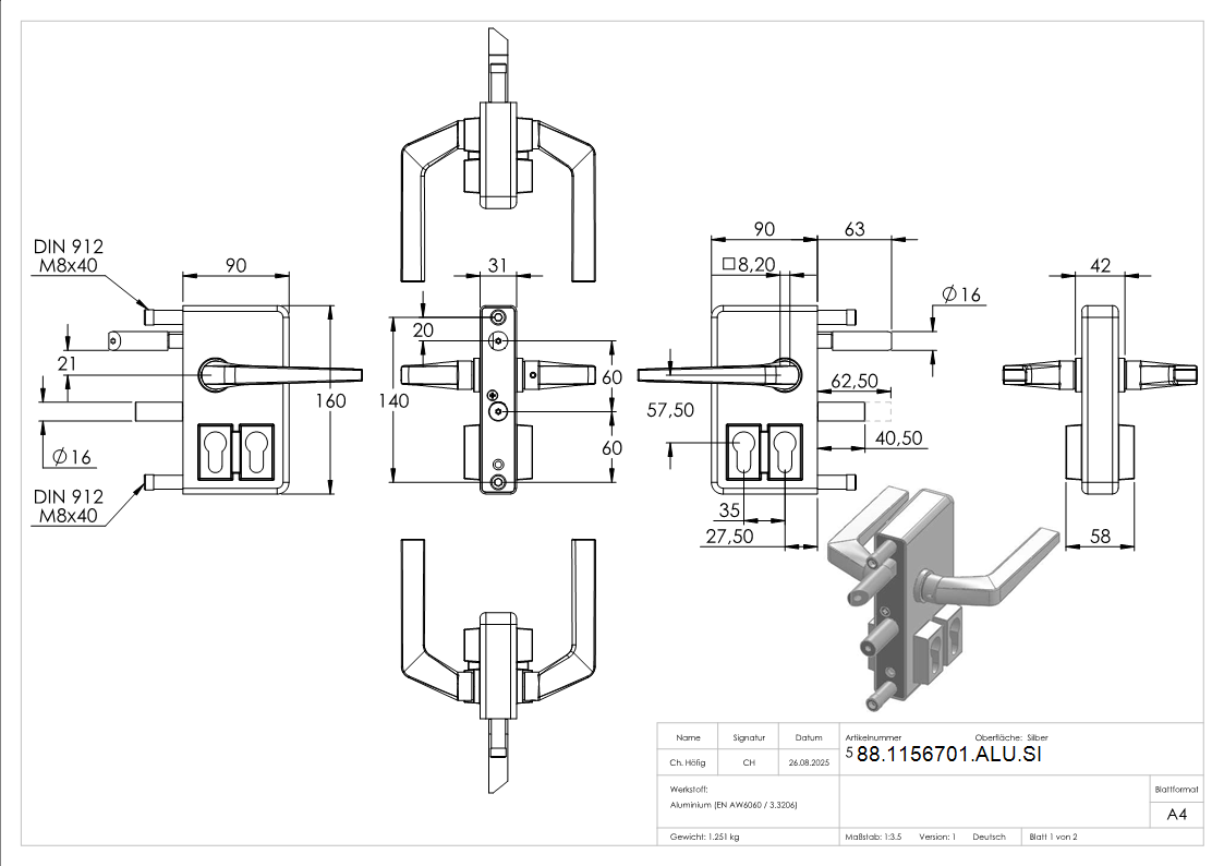 Gittertorschloss GTS 2 mit Doppelzylinder fuer Rohrstaerke 40-60mm- silber-88-1156701-ALU.SI