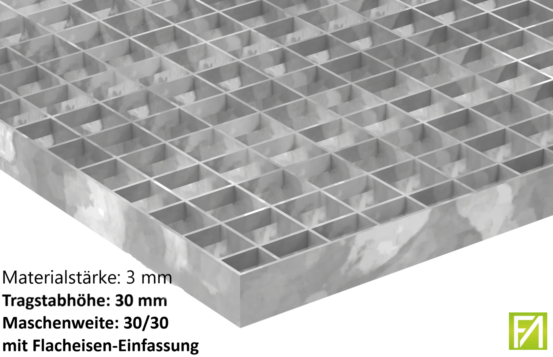 Industrie-Gitterrost - Masse- 500x1000x30 mm; MW 30-30 mm; 30-3 mm - S235JR -St37-2- im Vollbad feuerverzinkt-21-5010030303.7