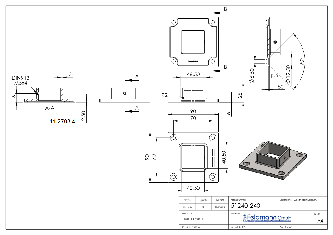 Wand- u- Bodenanker fuer Quadratrohr 40x40 mm - V2A-11-2703.4