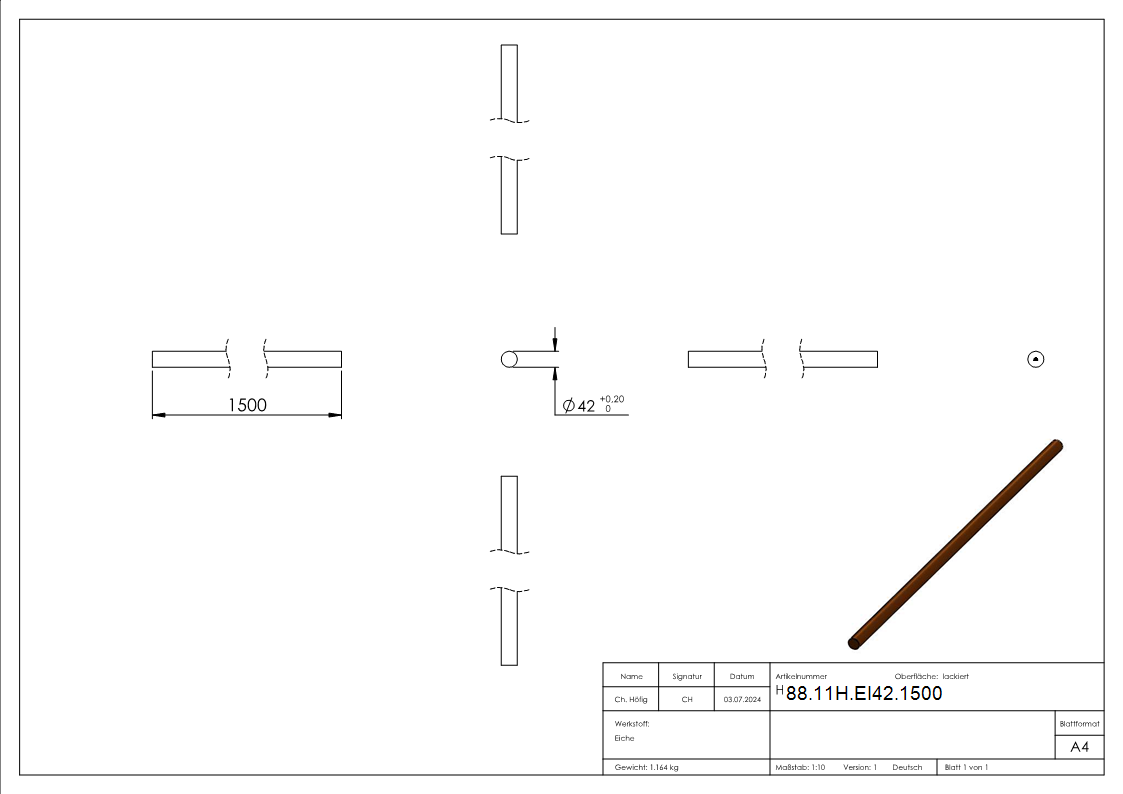 Holzhandlauf Eiche- Ø 42-4mm- L- 1-5m-88-11H-EI42.1500