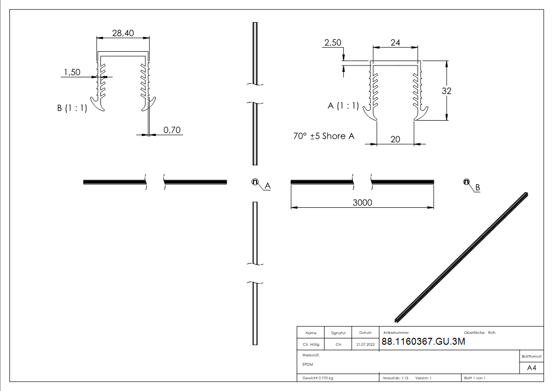 Keildichtung Glas 20-76 – 21-52mm- fuer Nut 27 x 30mm- Laenge 3m- EPDM-88-1160367-GU.3M