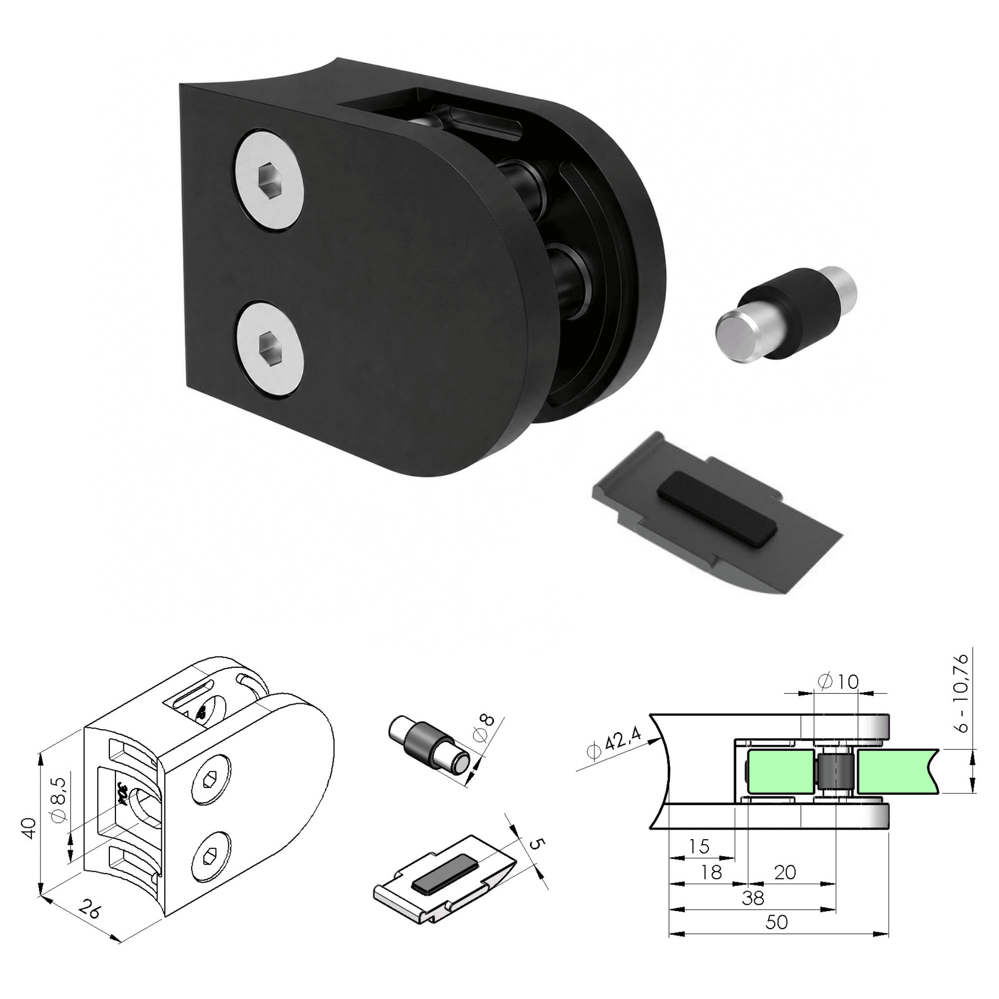 Glasklemme V2A fuer Ø 42-4 mm Rohr Schwarz pulverbeschichtet 4er Set-89-11ABL200P042SET4-A.4