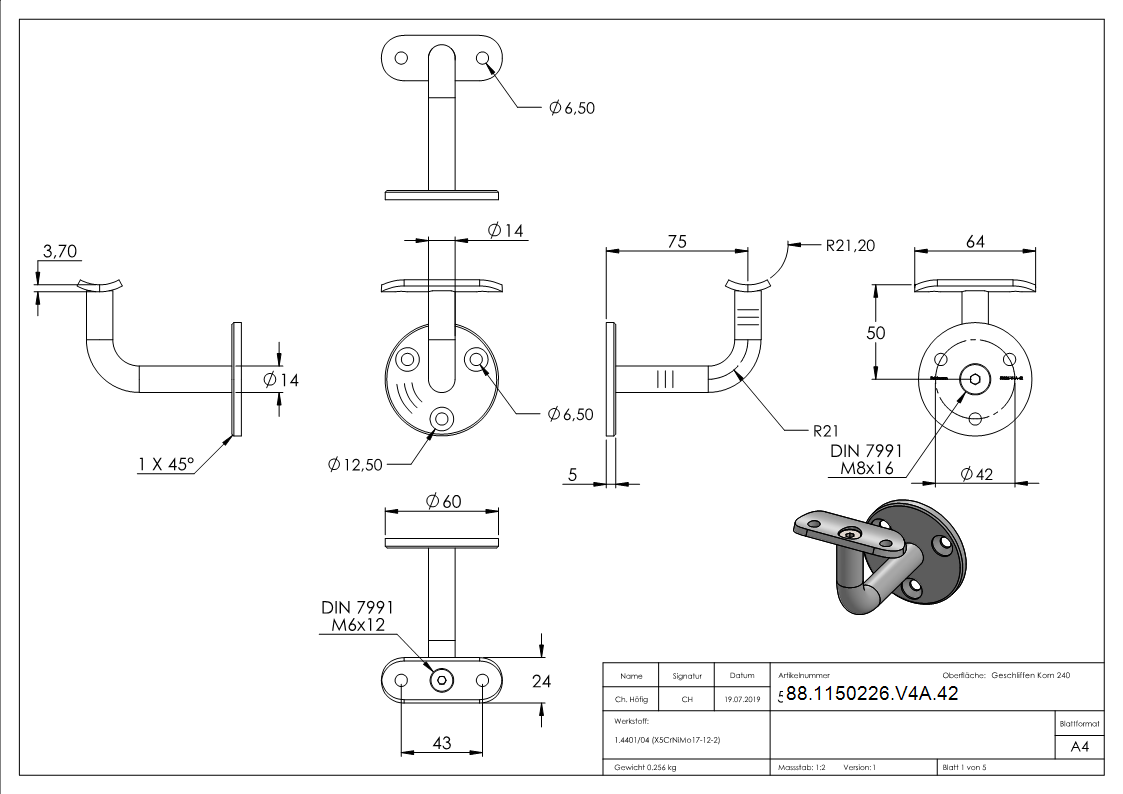 Hochwertiger Handlaufhalter fuer LED Handlaeufe- Robust und langlebig-88-1150226-V4A.42