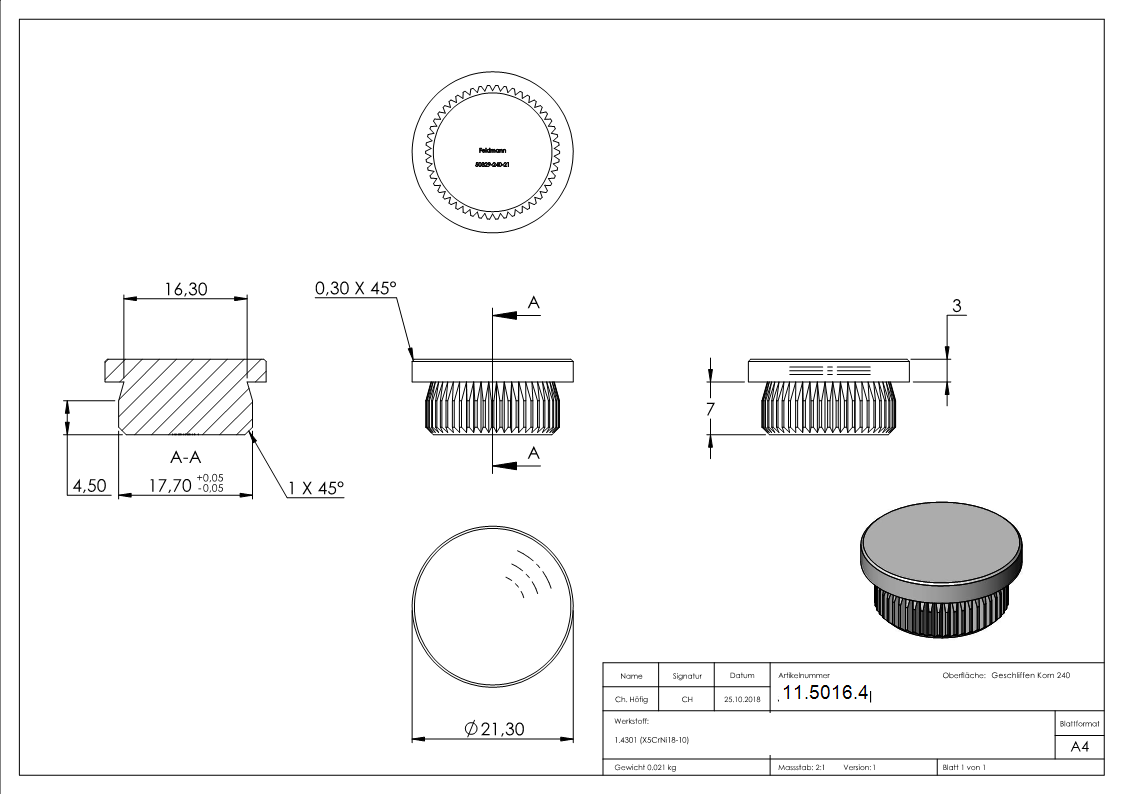 Rohrstopfen fuer Ø 21-3x2-0 mm flach zum Einschlagen V2A-11-5016.4