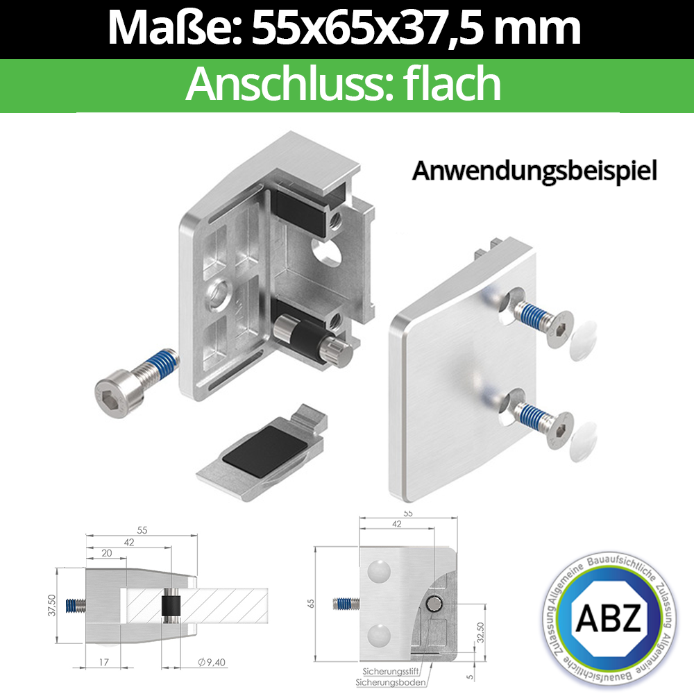 Glasklemme AbZ 55x65x37-5 mm  Flach- fuer 10-76 mm VSG Glas- Nein - Ohne Sicherungsstift- Nein - Ohne Sicherungsboden-10-MODELL35-1-11-1.1