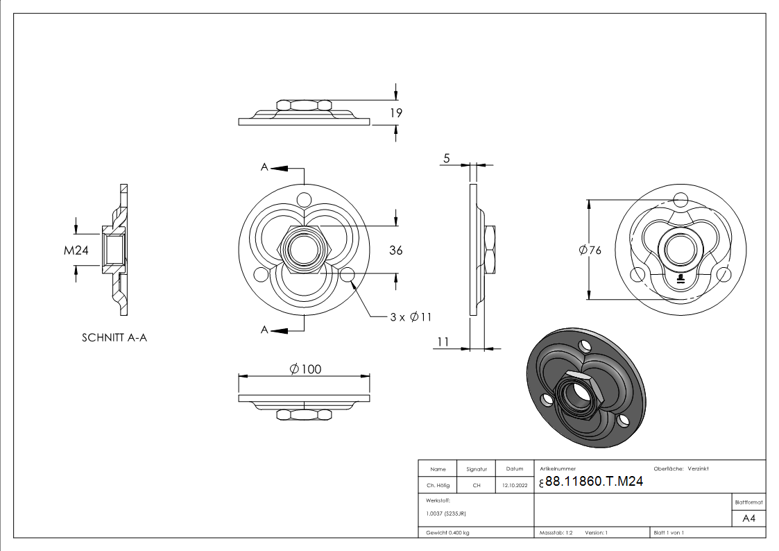 Verstellbare Mauerplatte fuer M24- verzinkt-88-11860-T.M24
