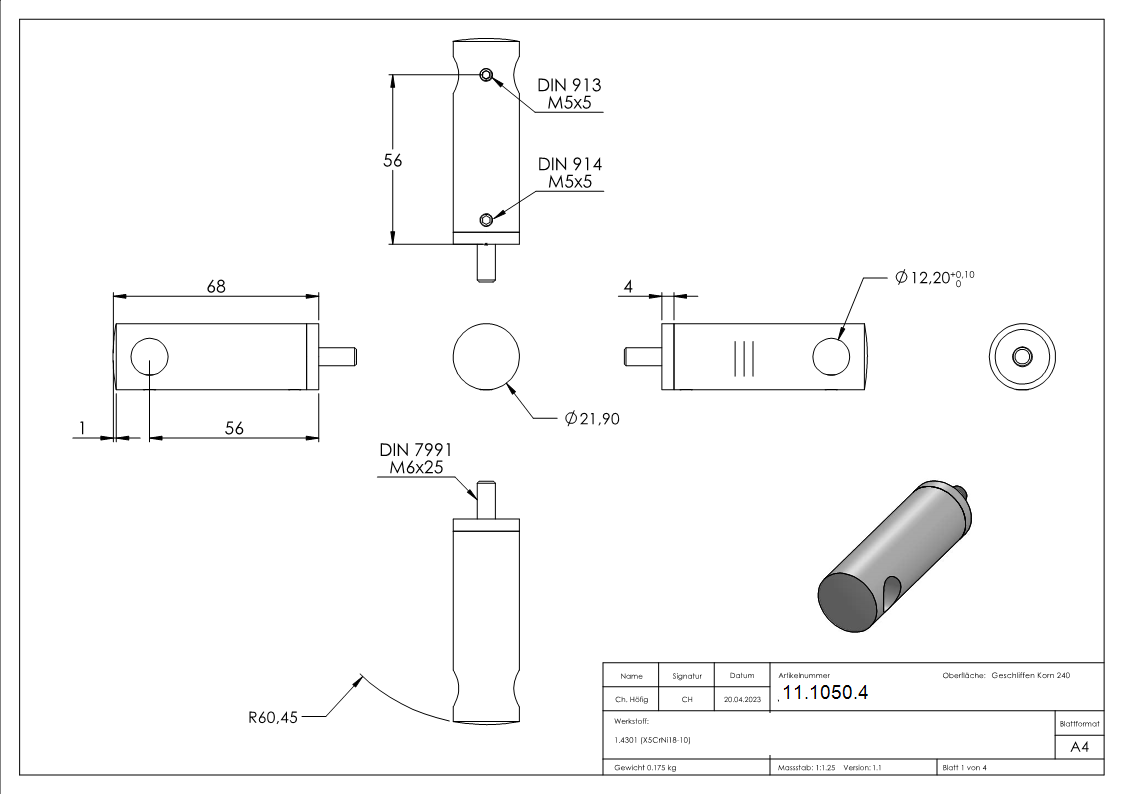 Querstabhalter V2A Edelstahl Lang 68 mm – Anschluss FLACH passend fuer Rundstaebe 12 mm inkl- Schrauben-11-1050.4