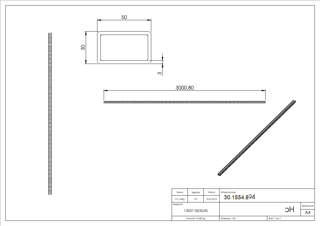 Rechteckrohr gehaemmert 50x30x2-5 mm 3000 mm Stahl S235JR- roh-30-1554.8