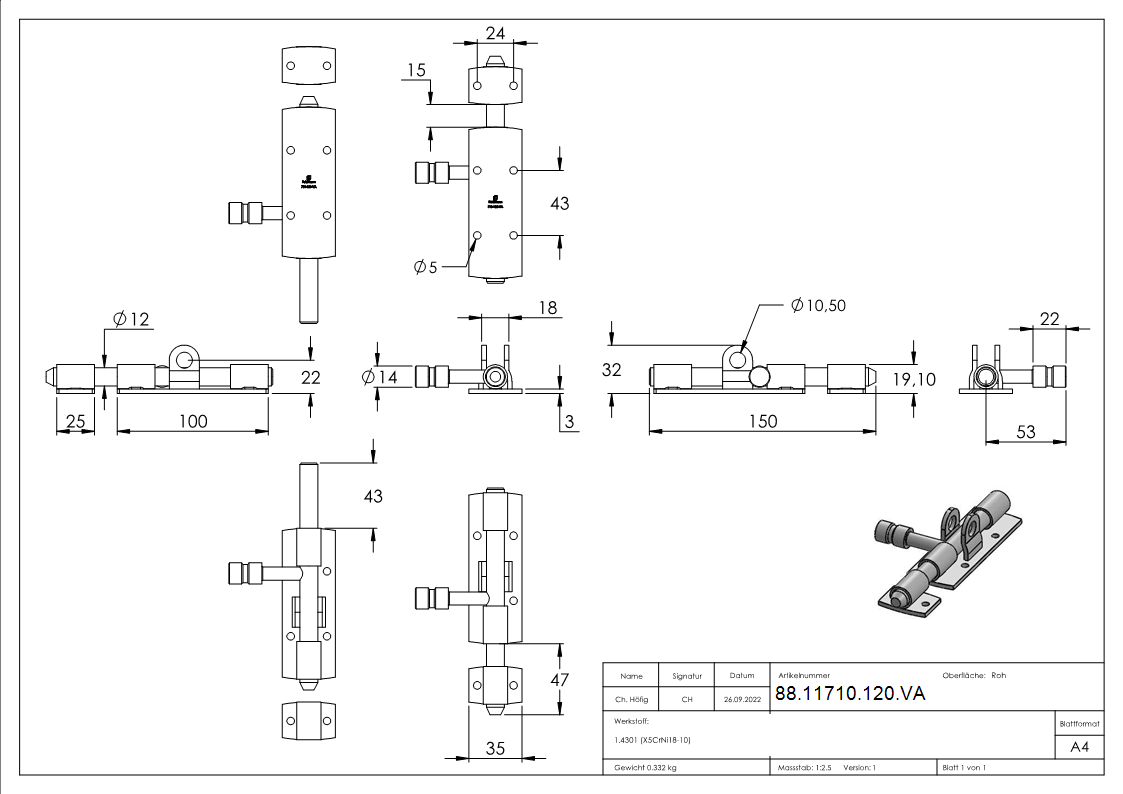 Torriegel zum Anschrauben- Edelstahl V2A-88-11710-120.VA