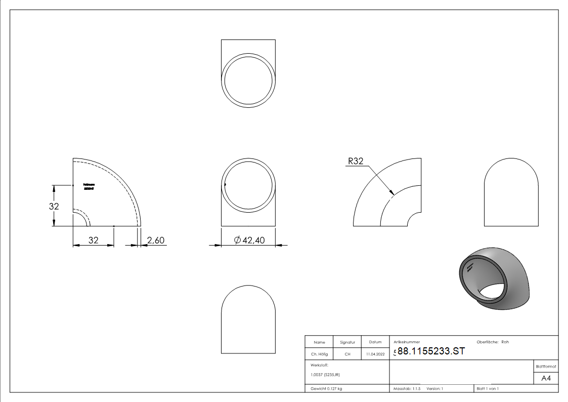 Rohrbogen 90° Stahl roh - 42-4 x 2-6 mm -1 ¼- - Bauart 2-88-1155233.ST