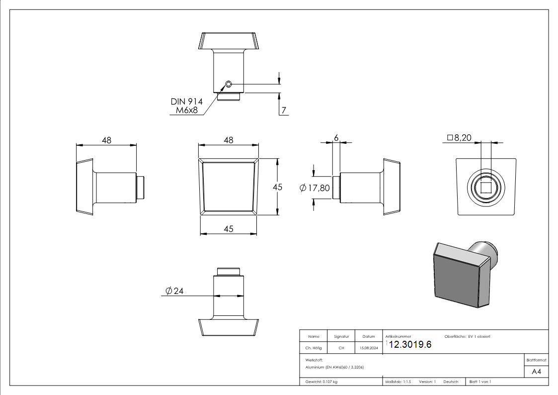 Alu-Tuerknopf gerade -quadratisch-12-3019.6