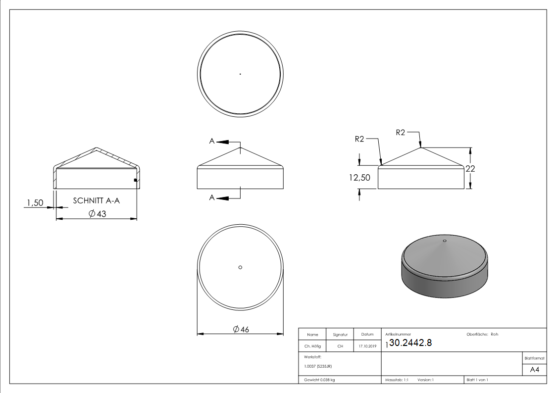 Abdeckkappe - fuer Rundrohr - Ø 42-4 mm - Stahl S235JR- roh-30-2442.8