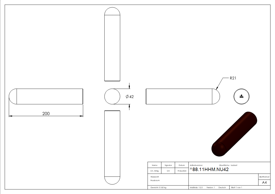 Holzhandlauf Nussbaum Ø 42mm- Laenge 200mm- lackiert-88-11HHM.NU42