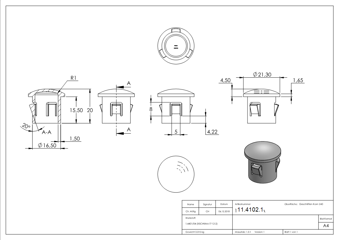 Rohrstopfen fuer Ø 21-3x1-6-2-0 mm leicht gewoelbt zum Einschlagen V2A-11-4102.1