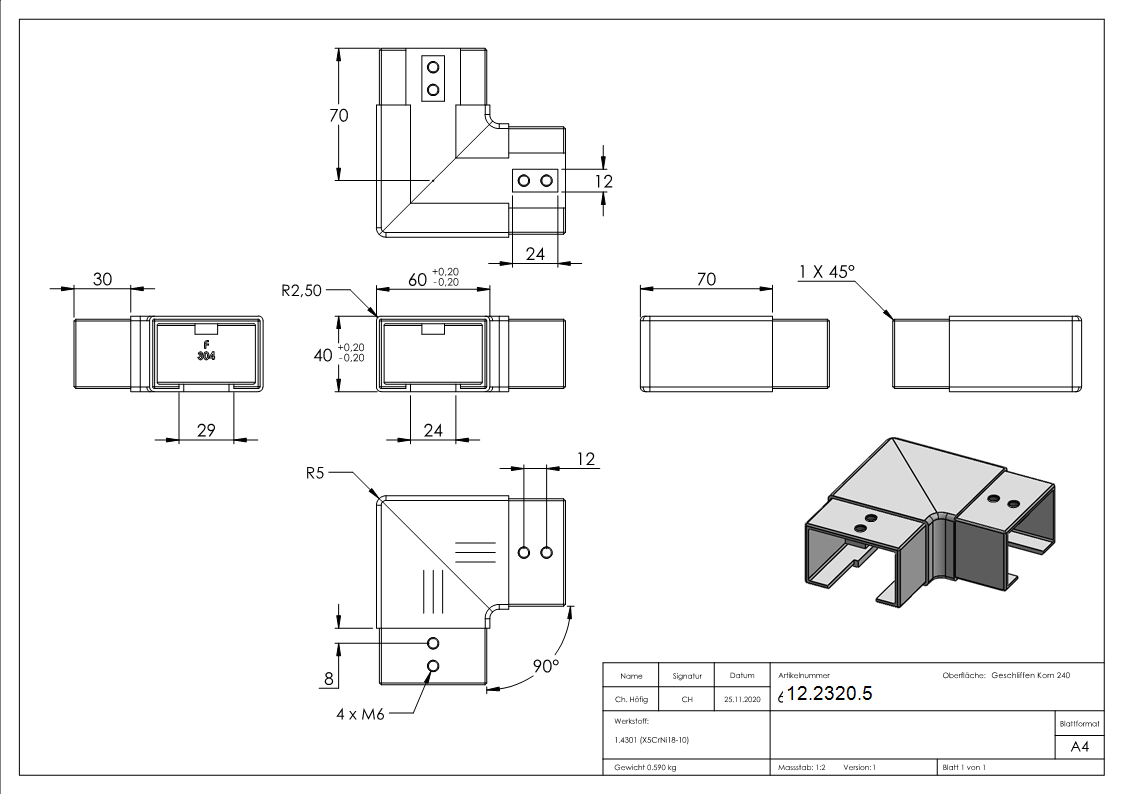 Verlaufsecke 90° - horizontal - fuer Quadrat-Nutrohr- 60x40 mm - V2A-12-2320.5