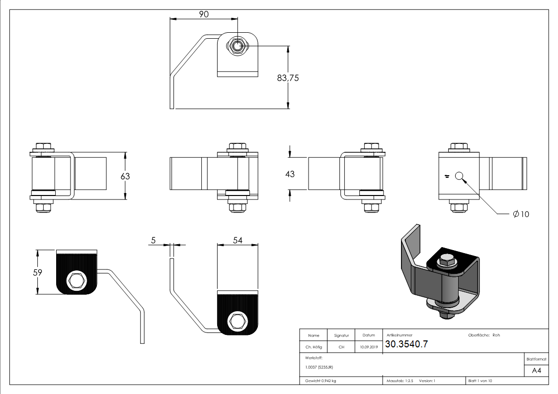 Torband verstellbar zum Anschweissen -Klein- Stahl -Roh- S235JR-30-3540.7