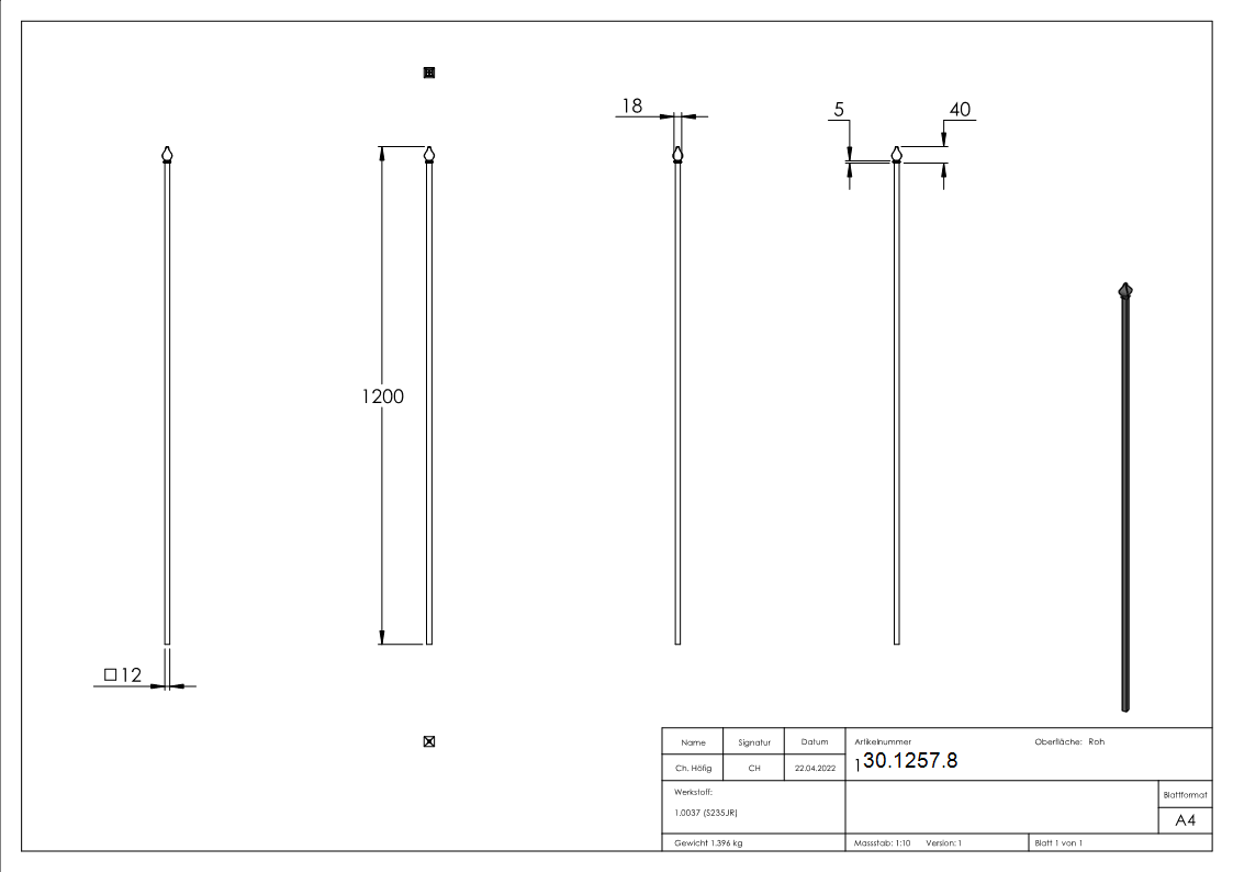 Zaunstab Laenge- 1200 mm Material 12x12 mm - Zierteil Stahl S235JR- roh-30-1257.8