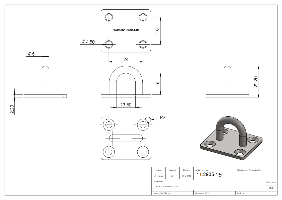 Befestigungsoese - Ø Oese- 5 mm - Platte- 35x30 mm - V4A-11-2935.1