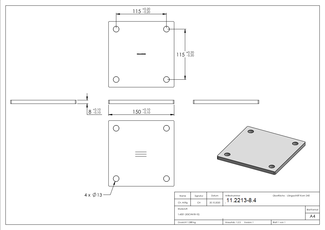 Ankerplatte Masse- 150 x 150 x 8 mm mit 4 Bohrungen á Ø 14 mm V2A-11-2213-8.4