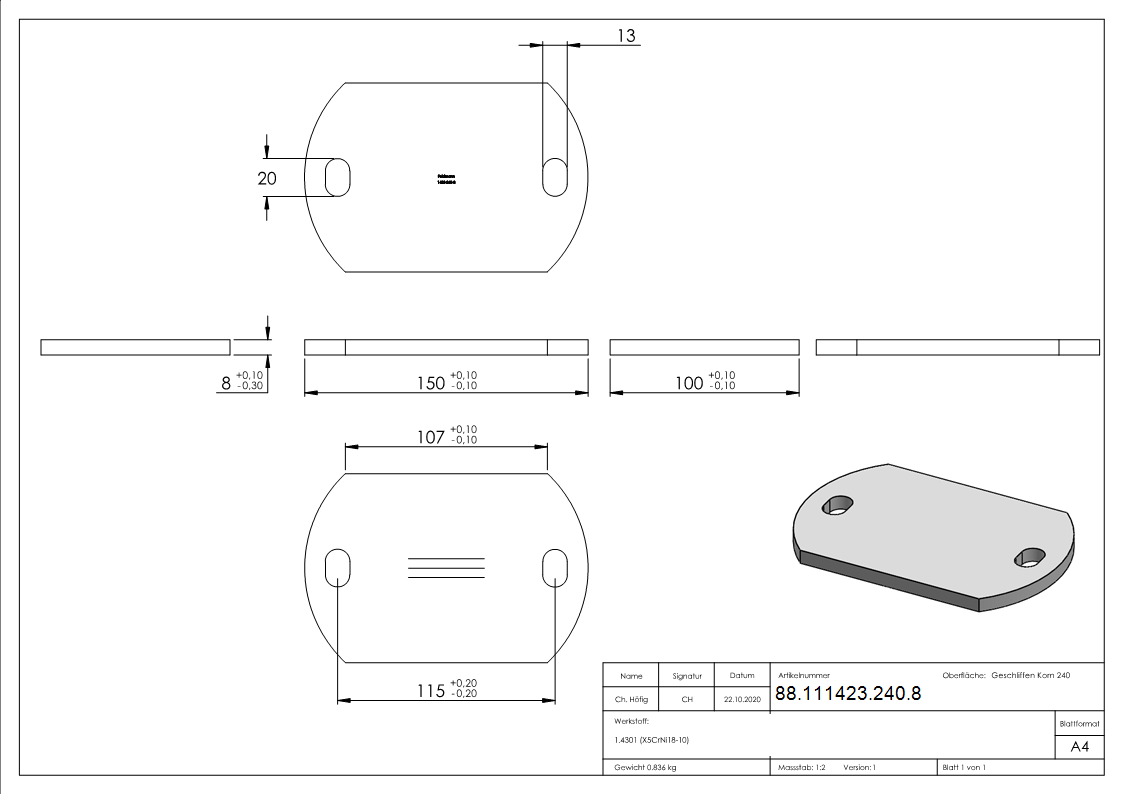 Ankerplatte- 150 x 100 x 8mm- mit Laengsschliff- V2A-88-111423-240.8