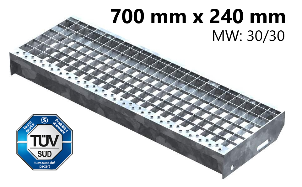 Gitterroststufe Treppenstufe Masse- 700x240 mm 30-30 mm S235JR -St37-2- im Vollbad feuerverzinkt-40-702430.7