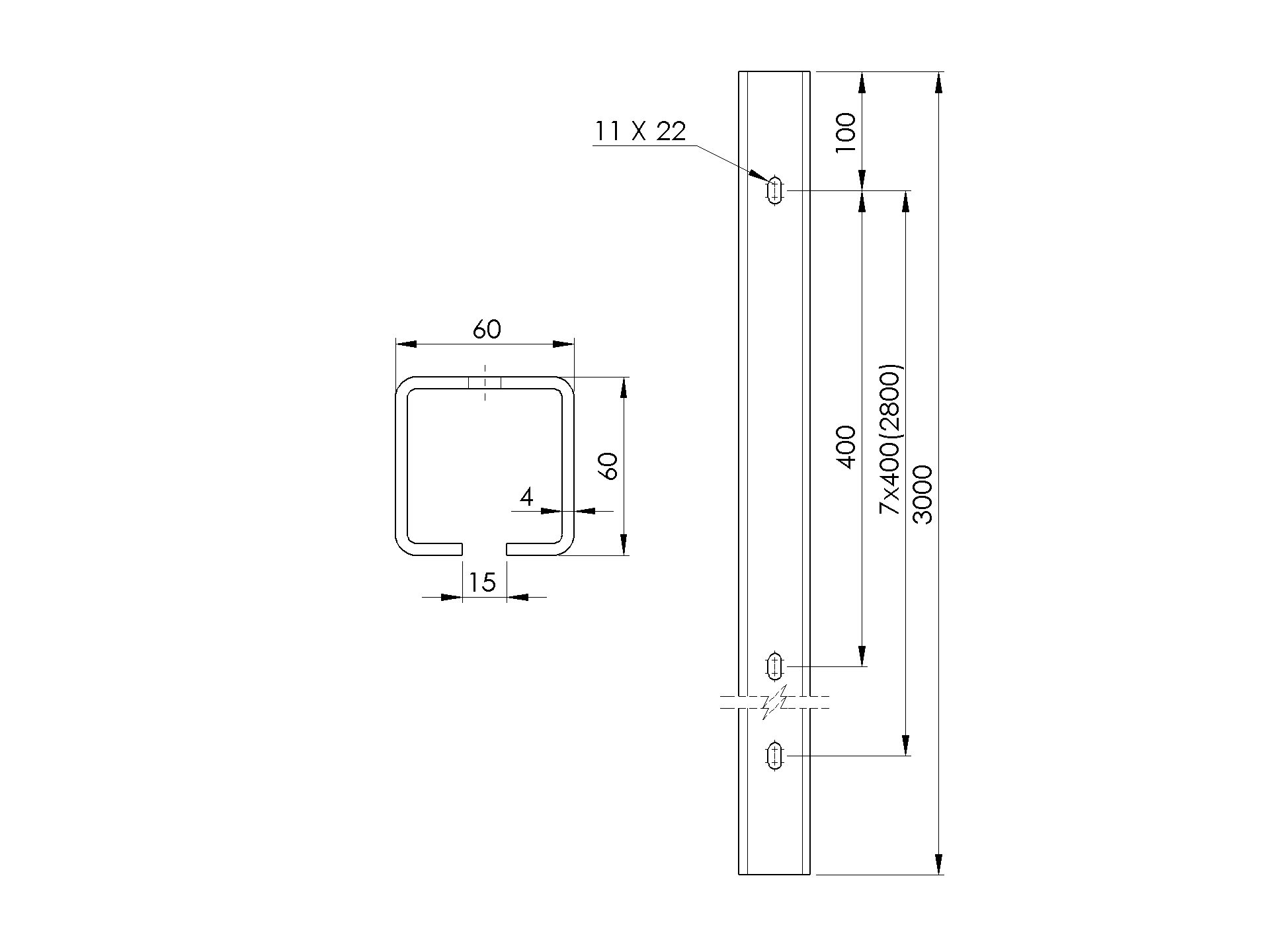 Fhrungsprofil gelocht Stahl verzinkt 60x60x4 mm L=3000 mm-89-11H0260X60ZND3000-A.4