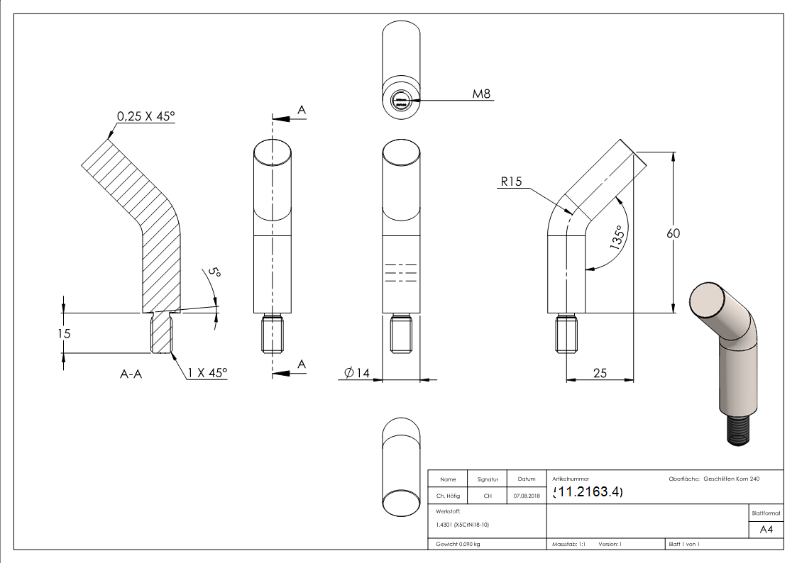 Edelstahl Traegerstift 135° gebogen Ø 14 x 60 mm - M8x15 - zum Anschweissen -V2A-11-2163.4