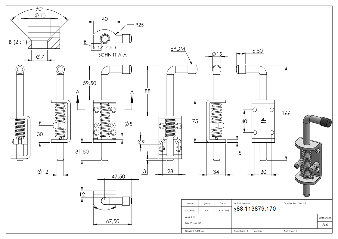 Torriegel zum Anschrauben mit Feder- Laenge 170mm- verzinkt-88-113879.170